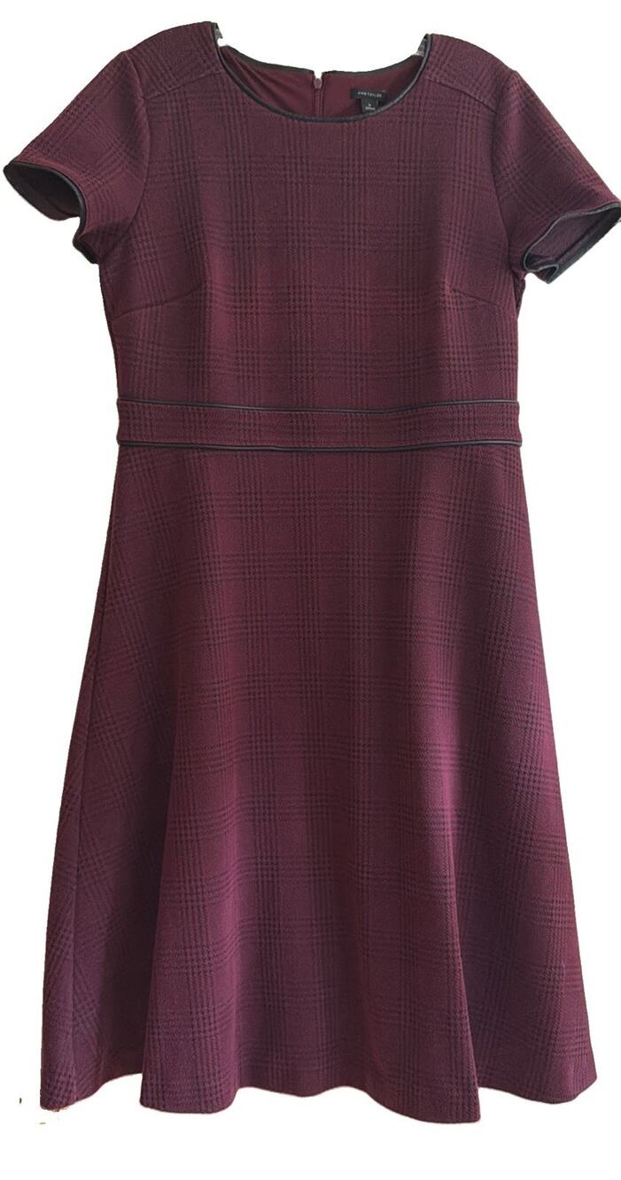 Ann Taylor Houndstooth Plaid Fit & Flare Dress Size 10 Burgundy Faux Leather